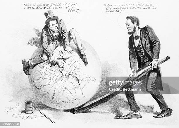 This cartoon shows Andrew Johnson mending the globe while Abraham Lincoln raising it with a railroad tie.