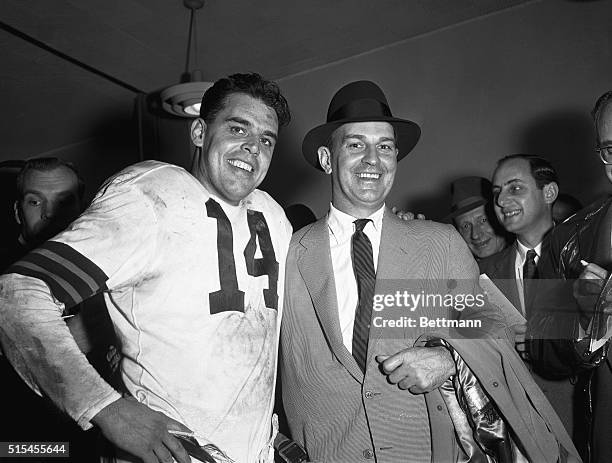Sporting great big smiles following the Cleveland Browns 38-14 victory over the Los Angeles Rams are Otto Graham and coach Paul Brown. Graham, who is...