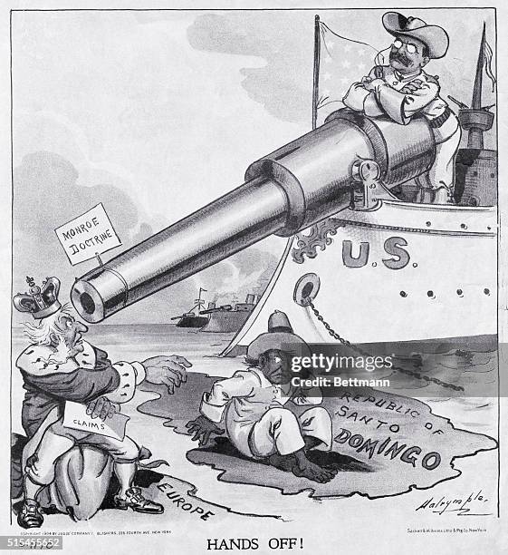 Political cartoon depicting an opinion about the Monroe Doctrin with a quote by President Roosevelt stating, "This in reality entails no new...