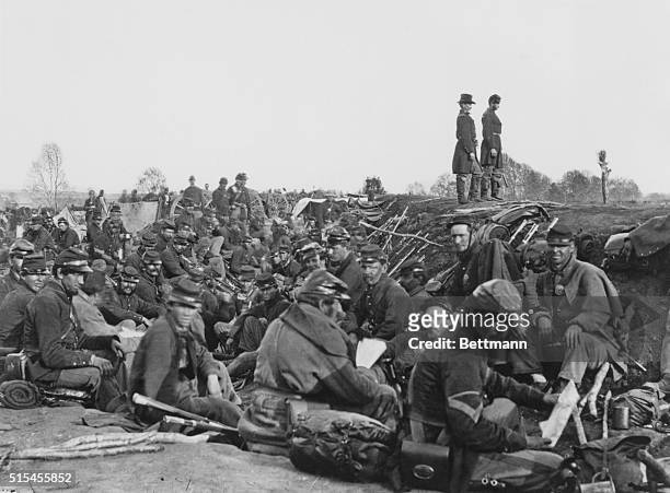 Petersburg, Virginia: Soldiers in the trenches of Petersburg, Virginia before battle. Photo 1865.