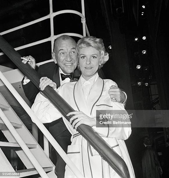 Noel Coward and Elaine Stritch backstage after the opening of the new musical Sail Away, at the Broadhurst Theater, in which Ms. Stritch stars.