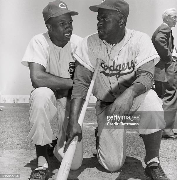The Dodgers famed Jackie Robinson chats with a namesake, Frank Robinson, a Cincinnati Rookie, prior to a Brooklyn-Redlegs exhibition game here March...