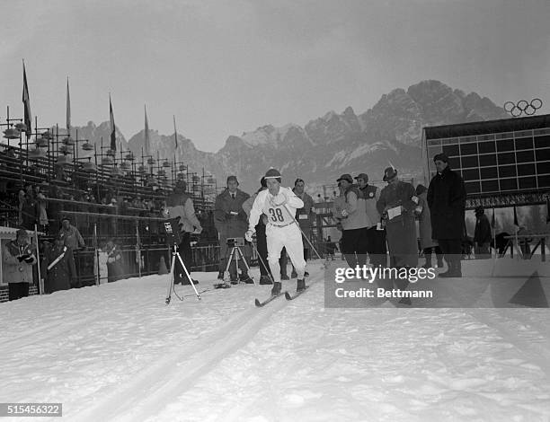 Sixteen Jernberg of Sweden moves through the mountains during the 50-kilometer cross-country ski race February 2nd to ward a victory which made him a...