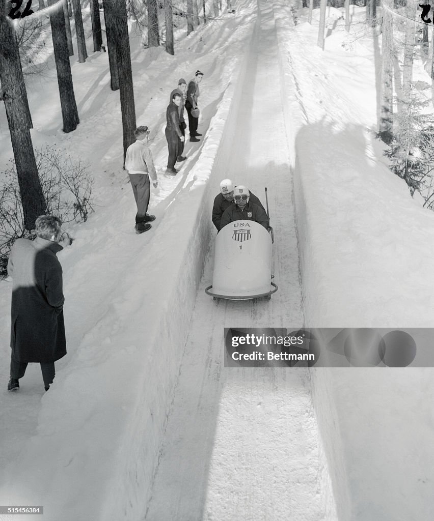 Aerial View of US Two Man Bobsled Team During Run
