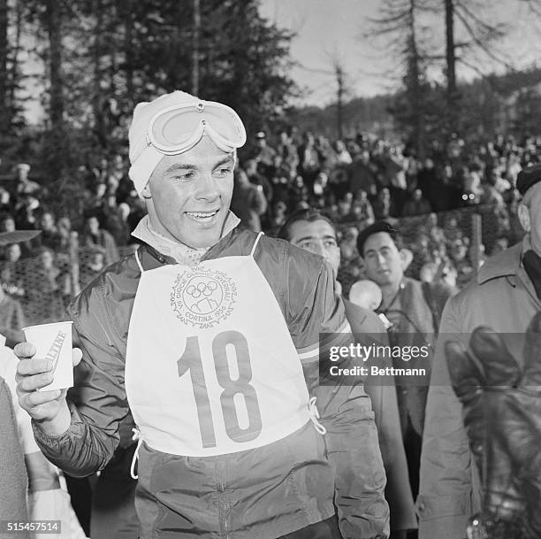 Toni Sailer, Austria's ski star, is shown after he won the giant slalom at the Winter Olympics, acquiring the first Gold Medal for Austria. Sailer...