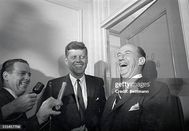 Recently defeated rival Adlai Stevenson visits the new Democratic presidential candidate John F. Kennedy at his headquarters.