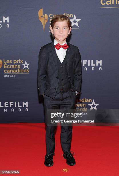 Actor Jacob Tremblay arrives at the 2016 Canadian Screen Awards at the Sony Centre for the Performing Arts on March 13, 2016 in Toronto, Canada.