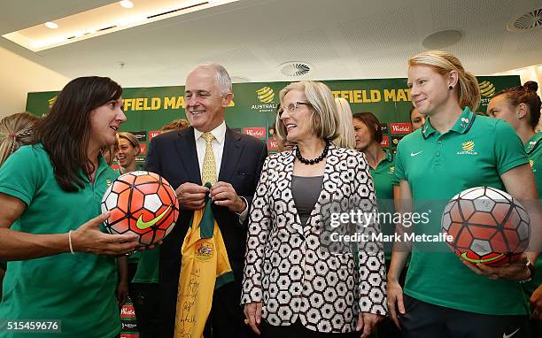 Australian Prime Minister Malcolm Turnbull Tunbull talks to Matildas co-captains Lisa De Vanna and Clare Polkinghorne with his wife Lucy Turnbull...