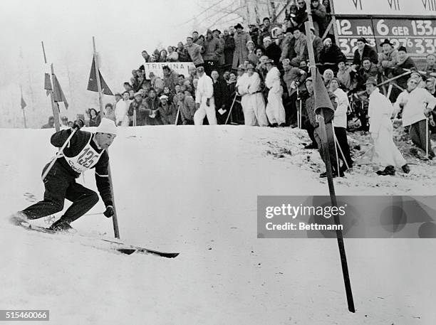 Anton Sailer, Austria's number one ski ace, is shown here going down the special slalom course. Toni Sailer won two Gold Medals for his country as...