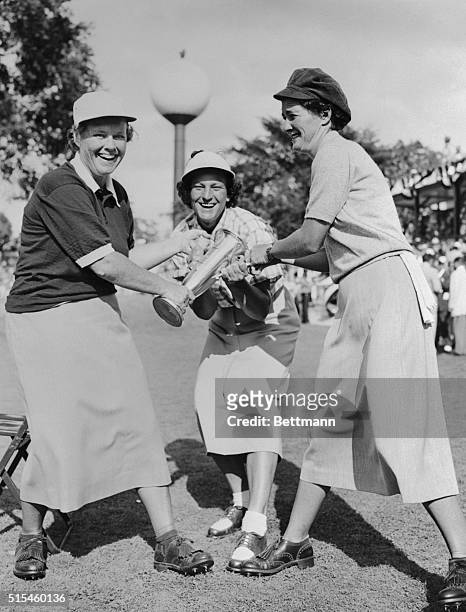 Patty Berg, Babe Zaharias and Louise Suggs are shown fighting for the Women's Trophy in the "World Championship Golf Tournament" at the Tam O'Shanter...