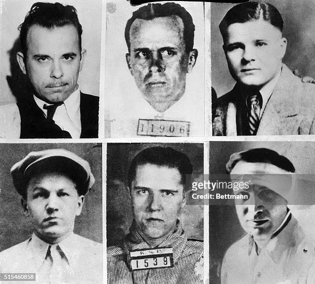 Mugshots of the FBI's most wanted criminals in 1934. Clockwise from top left: John Dillinger, Arthur Barker, Charles "Pretty Boy" Floyd, Homer Van...