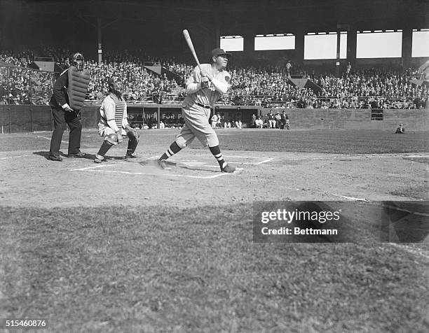 Baseball game- the Newark Bears vs. The Boston Braves at Ruppert Field. Photo shows Babe Ruth as he "slams one out of the park."