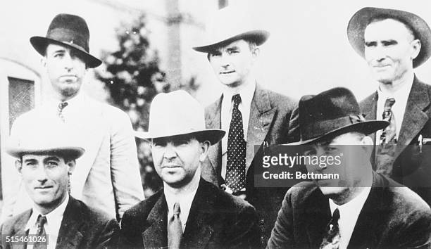 Law enforcement team who tracked down and killed notorious outlaws Bonnie and Clyde : Ted Henton, Dallas County sheriff P.M. Oakley, B.M. Cault; :...