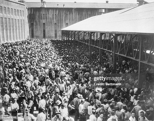 Main prison yard at San Quentin...men gather here while waiting for meals and before evening lockup. It is here that many fights and knifings occur...
