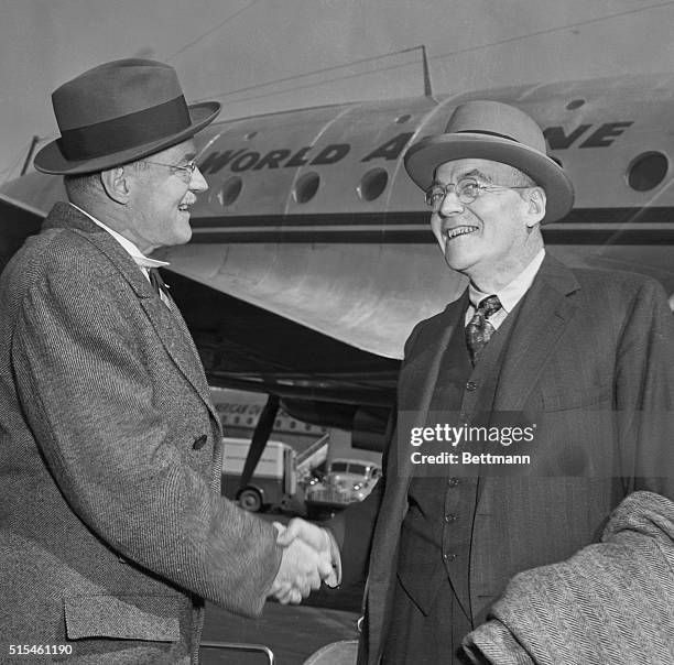 Dulles Returns. Queens, New York: John Foster Dulles, Republican party foreign policy expert, is greeted by his brother, Allen Dulles , as the...