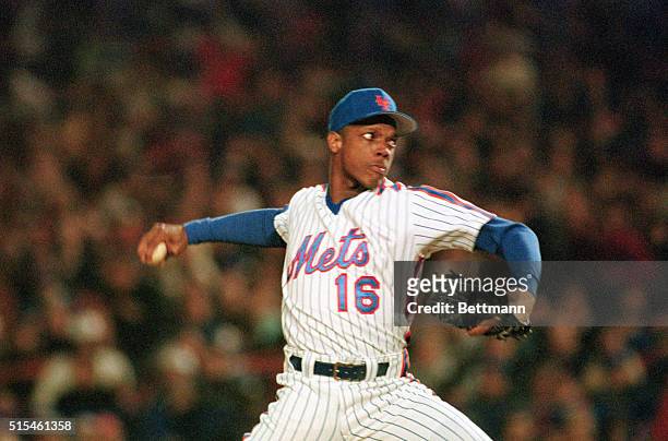 New York: Mets' Dwight Gooden bears down against the Dodgers in game of the NLCS. Gooden had seven strikeouts through seven innings as the Mets were...