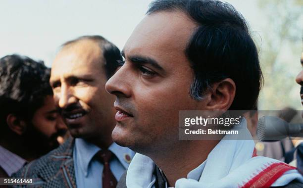 Bhopal, India: Rajiv Gandhi sits on a platform during a rally held in this city of Bhopal, India. The city was recently the stage for the worst...