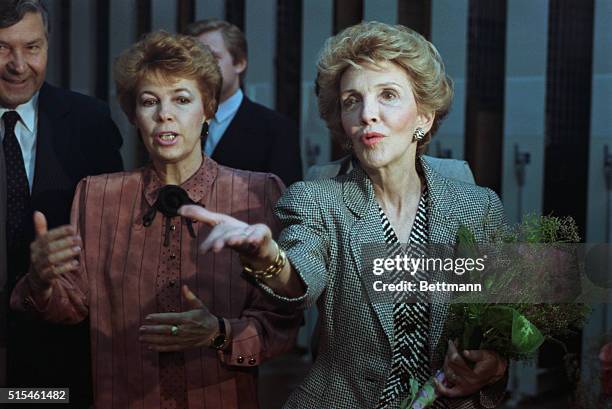 Moscow: Nancy Reagan and Raisa Gorbachev tour the Tretyakov Gallery in Moscow to view a Russian icon display together during the 2nd last day of the...