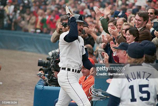 Detroit, Michigan: Kirk Gibson, Tigers outfielder raises a hand to the fans after hitting a home run in game five of the 1984 World Series against...