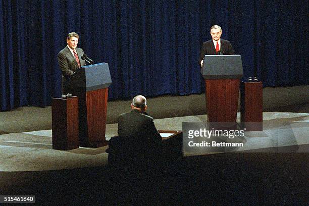Kansas City, Missouri: President Reagan and his Democratic opponent, Walter Mondale, at the second presidential debate in Kansas City.