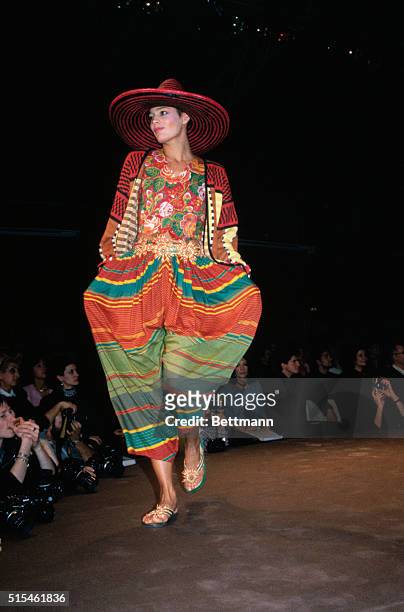Model walking down the runway at the 1984 Kenzo Ready to Wear show in Paris.