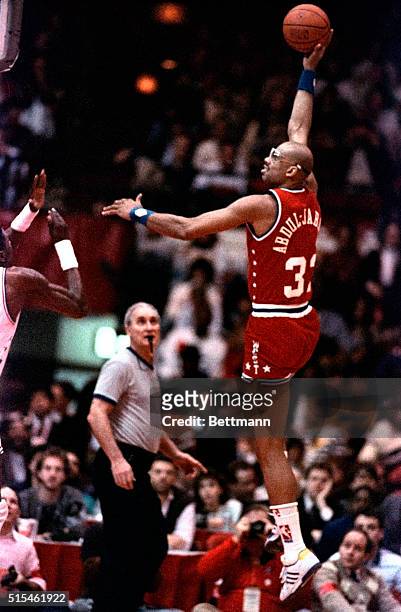 Long standing record is broken as the Lakers' Kareem Abdul-Jabbar scores late in the fourth quarter of the NBA All-Stars game 2/7 to break Oscar...