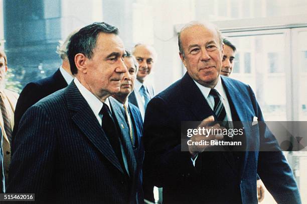 Soviet Foreign Minister Andrei Gromyko meets at the U.S. Mission to the U.N. With U.S. Secretary of State George Shultz. Gromyko meets with Walter...