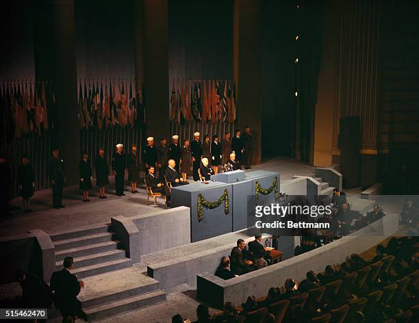 Interior view of San Francisco Opera House shows delegates to the United Nations Conference on International Organization awaiting speeches opening...