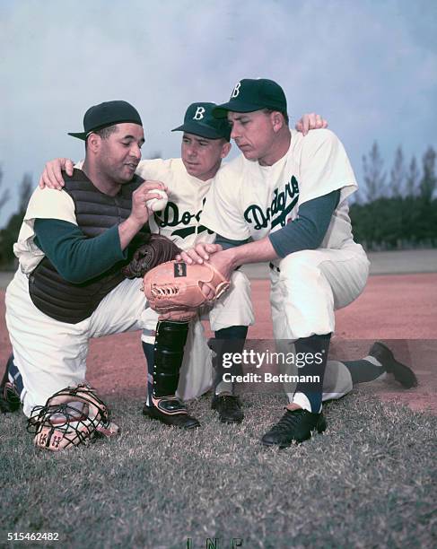 Vero Beach, FL: Gil Hodges of the Brooklyn Dodgers with Roy Campanella and Pee Wee Reese.