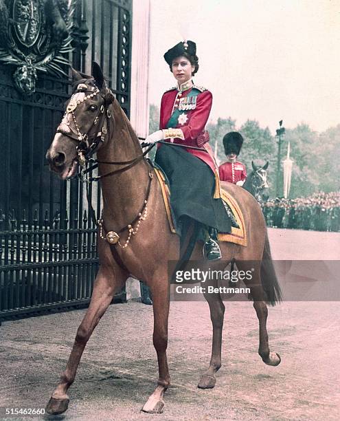 Princess Elizabeth of England represents the King at colorful trooping ceremony. Princess Elizabeth photographed on her arrival back at the Palace...