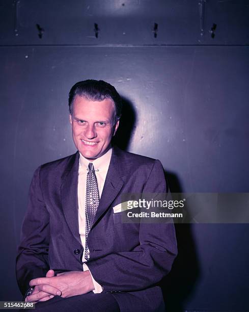 Photo of evangelist Billy Graham smiling at Madison Square Garden.