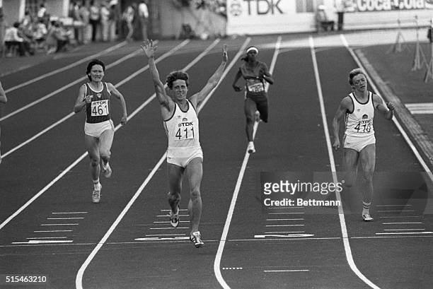 Jarmila Kratochvilova of Czechoslovakia crosses the finish line to win the womens 400 meters gold medal in an unofficial time of 47.99 seconds,...