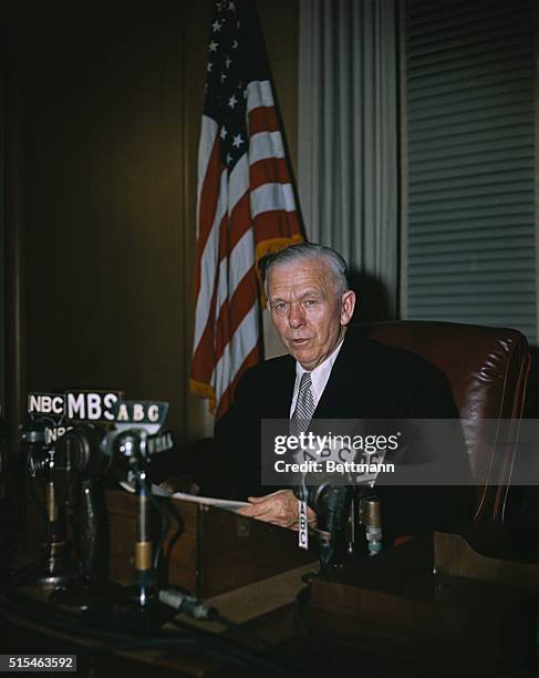 George C. Marshall, the Secretary of State, is shown here with his radio broadcast, reporting on the Big Four Conference.