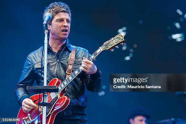 Noel Gallagher of Noel Gallagher's High Flying Birds performs live on sage at Autodromo de Interlagos on March 13, 2016 in Sao Paulo, Brazil.