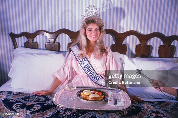 Miss New Zealand Lorraine Downes enjoys her first day as Miss Universe after winning the crowning ceremonies on July 11. Miss Downes was served a...