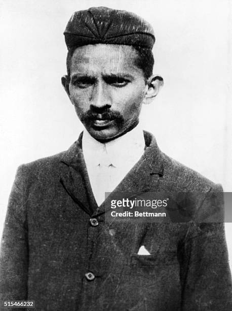 Portrait of a young Mahatma Gandhi, the prominent Indian Nationalist, after he was arrested for organizing a revolt.