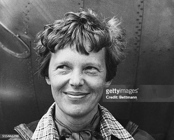 Portrait of American aviatrix Amelia Earhart , made before her intended trip around the world.