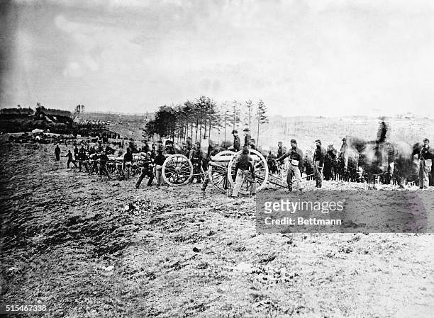 First photo of Union Army in combat. Photograph by Mathew Brady, circa 1861.