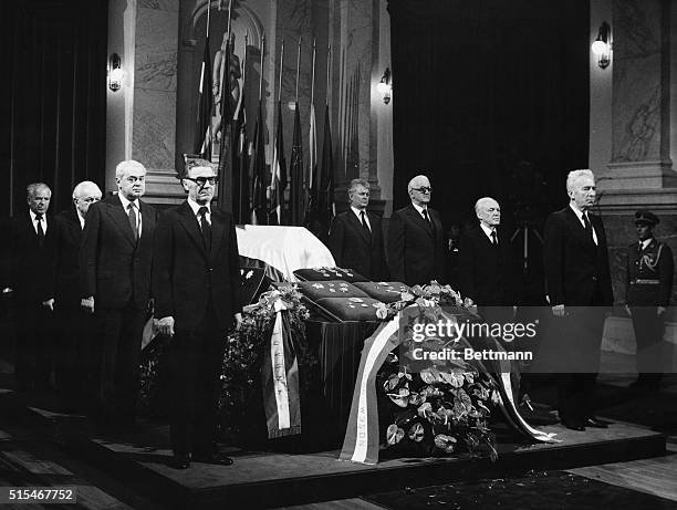 Members of the Presidency of Yugoslavia stand the guard of honor by the coffin of the late Yugoslav President Tito in the hall of Yugoslav Assembly....