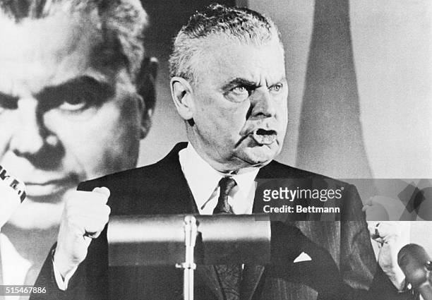 Ottawa: Opposition Leader John Diefenbaker emphasizes the point during speech to members of the Progressive Conservative Student Federation at it's...