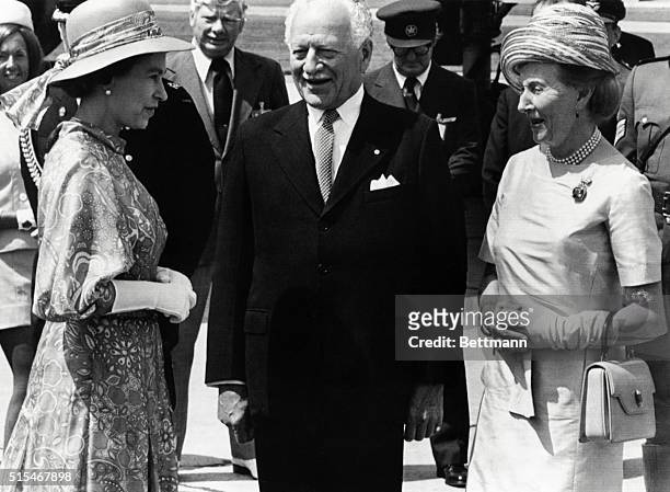 Ottawa: Governor General and Mrs. Michener say goodbye to Queen Elizabeth at Canadian Forces Base Uplands, here today, before she and Prince Philip...