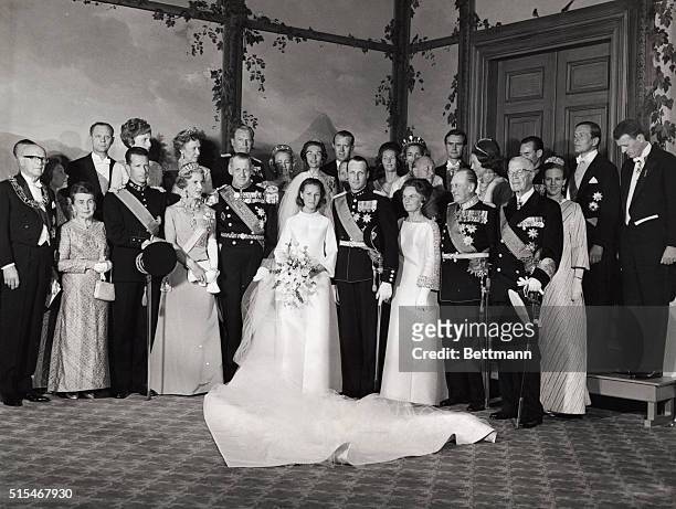 Royal Wedding. Oslo, Norway: The state picture from the Royal Castle in Oslo. First row from left, President Kekkonen of Finland and wife, King...