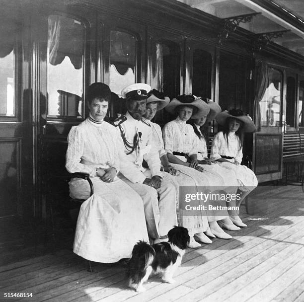 The Czar Nicholas II, his mother, and his four daughters on board the Russian Imperial Yacht Polyarnaya Zvezda in 1911. The Dowager Empress Marie...