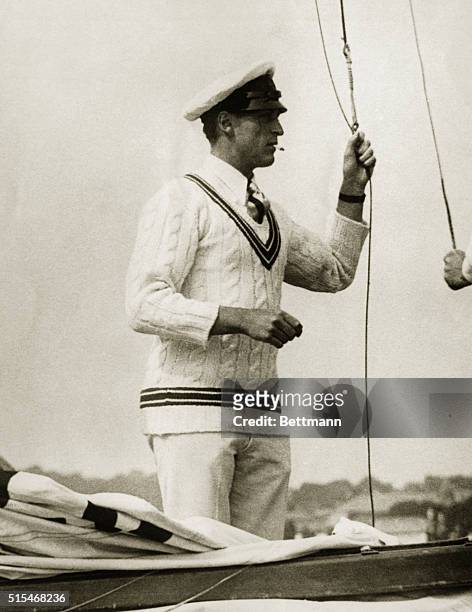 Descendant of Viking Kings Sails at Cowes Regatta. Crown Prince Olaf of Norway shown with his yacht Oslo with which he won the trophy for six-meter...