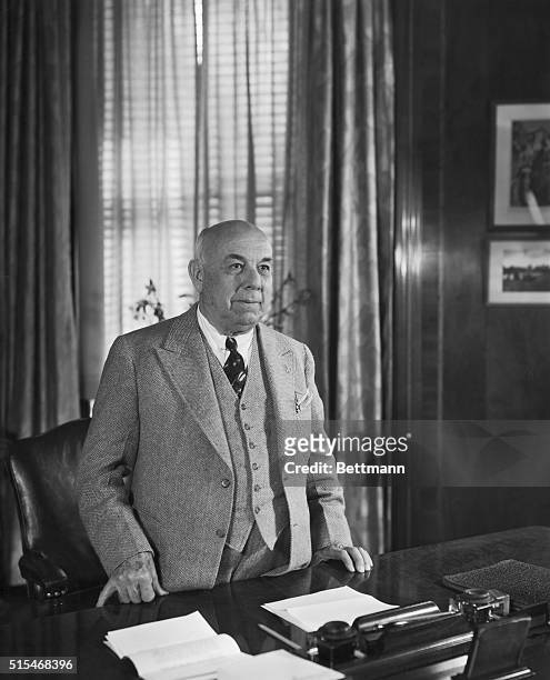 Detroit, Michigan: Photograph of Sebastian S. Kresge , founder of the S.S. Kresge Corporation , standing in his office in national headquarters.
