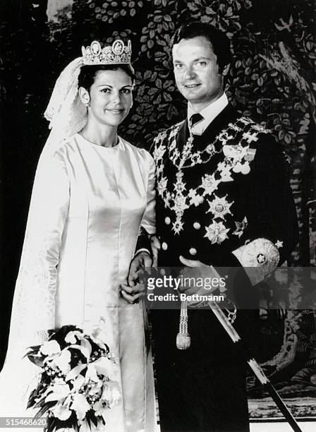 Stockholm, Sweden: This is the official photograph of Sweden's King Carl Gustaf and his bride, Silvia Sommerlath, now Queen Silvia. The picture was...