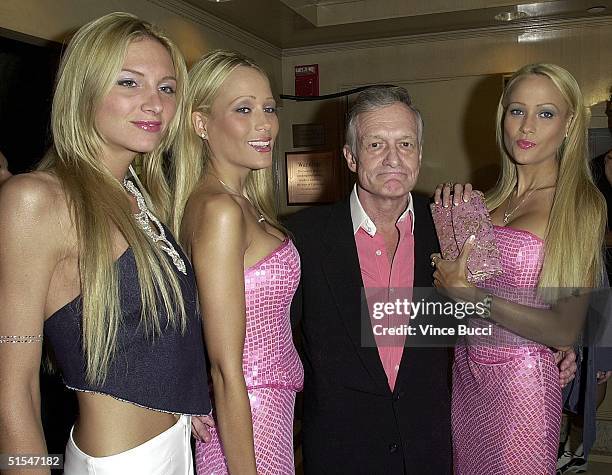 Playboy Magazine founder Hugh Hefner and companions Jessica Paisley , Mandy Bentley and Sandy Bentley arrive for the Baywatch 10th Anniversary...