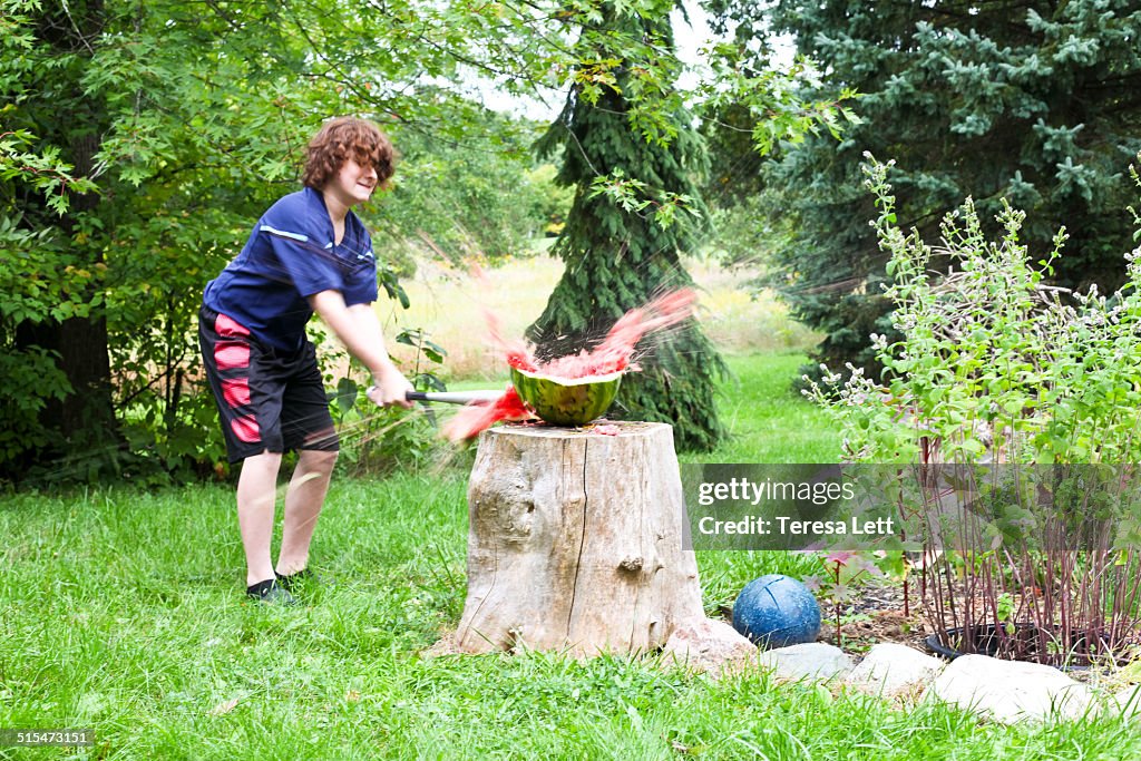 Boy smashing a watermelon