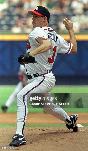 Atlanta Braves pitcher Greg Maddux throws the ball 18 May against the San Francisco Giants at Turner Field in Atlanta. Maddux pitched seven innings,...