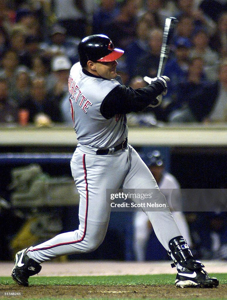 Cincinnati Reds right fielder Dante Bichette hits